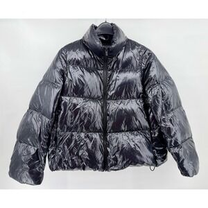 Women's Uniqlo Ultra Light Filling Down Black Shiny Volume Jacket Sz L Puffer